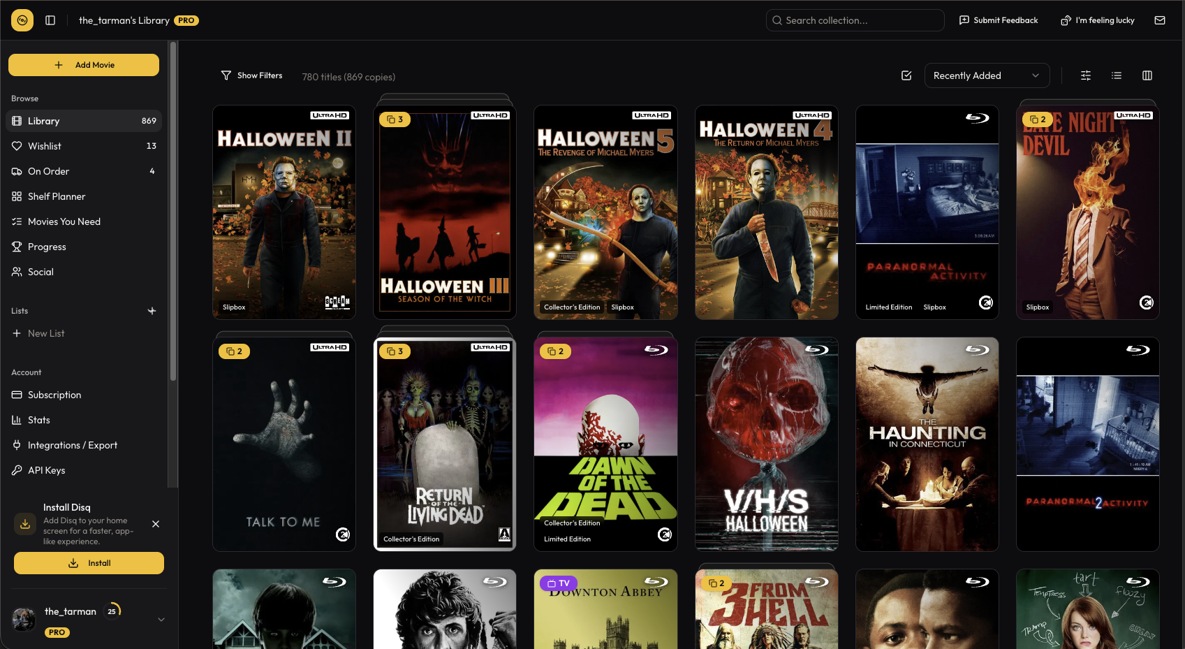 Disq library view showing a horror movie collection with stacked Halloween Blu-rays and 4K Steelbooks
